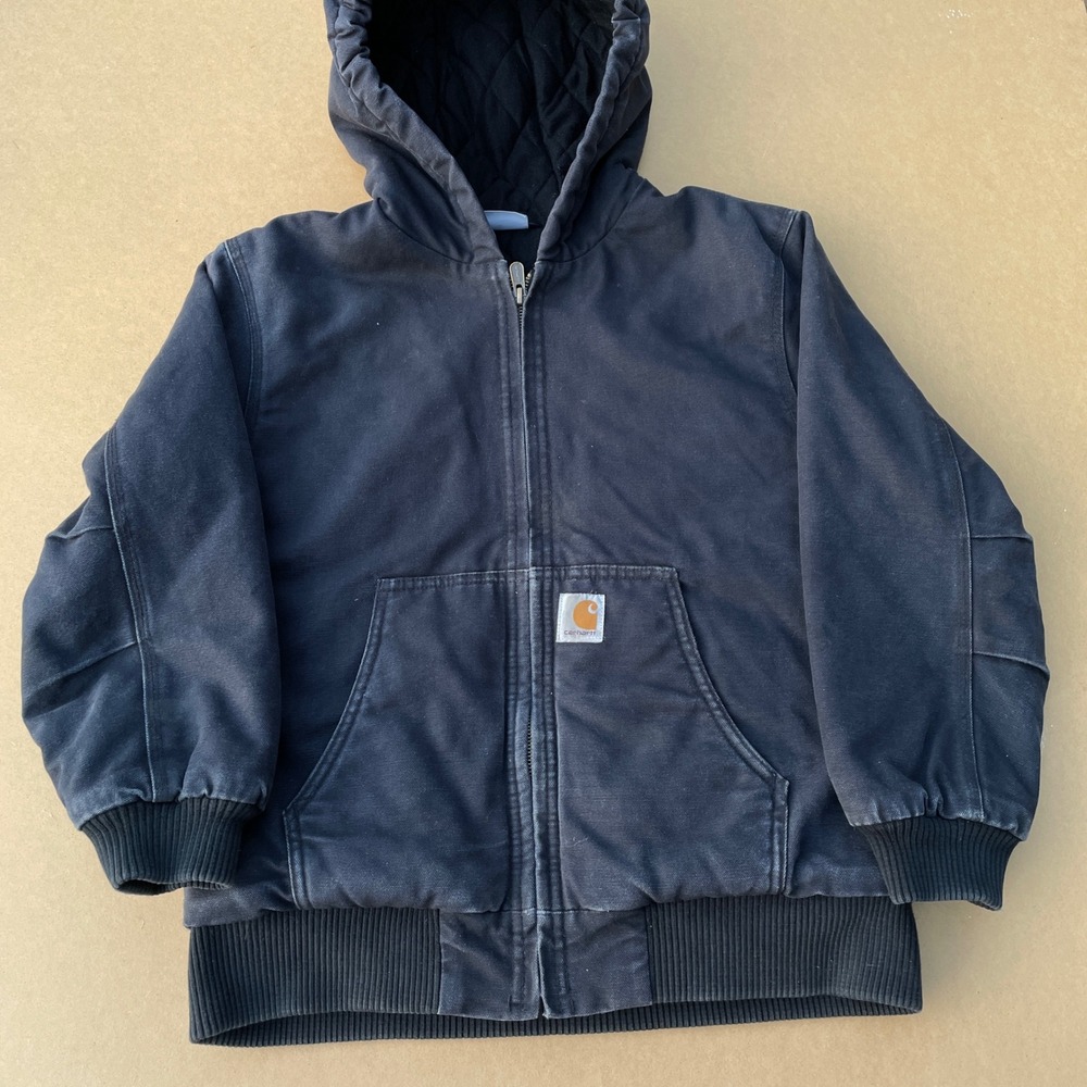 Carhartt Hooded Active Jacket Kid M 10-12 Black Casual Quilt Lined Canvas CP8417